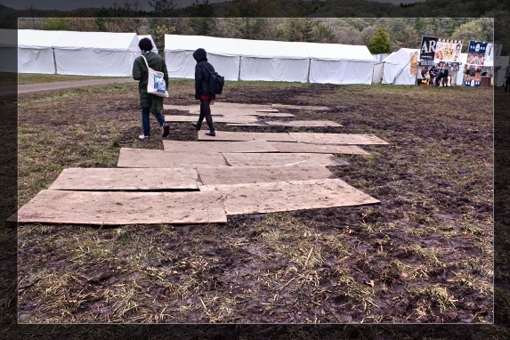 あまりの田んぼに、板が敷かれていた